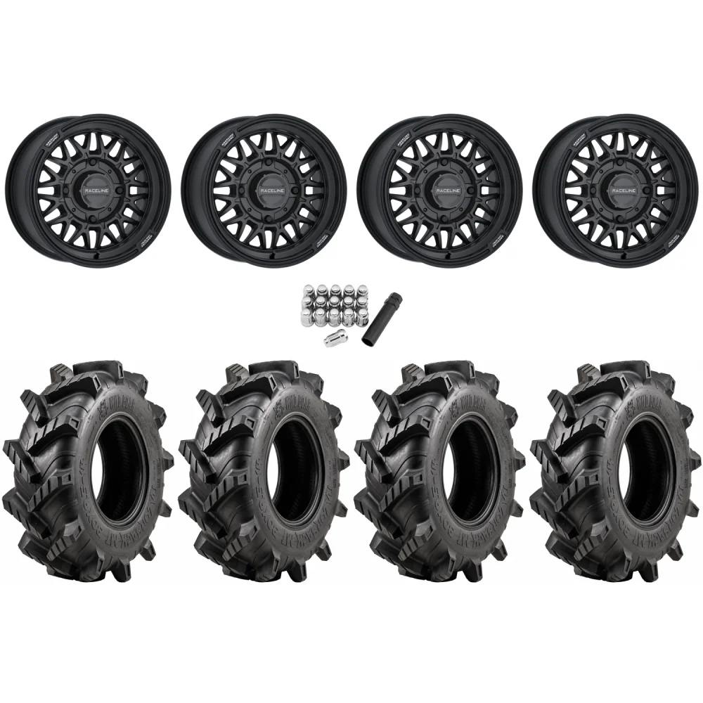 Wild Boar Razorback M/T 30x9.5-14 tires on Raceline Omega Satin Black wheels, complete kit