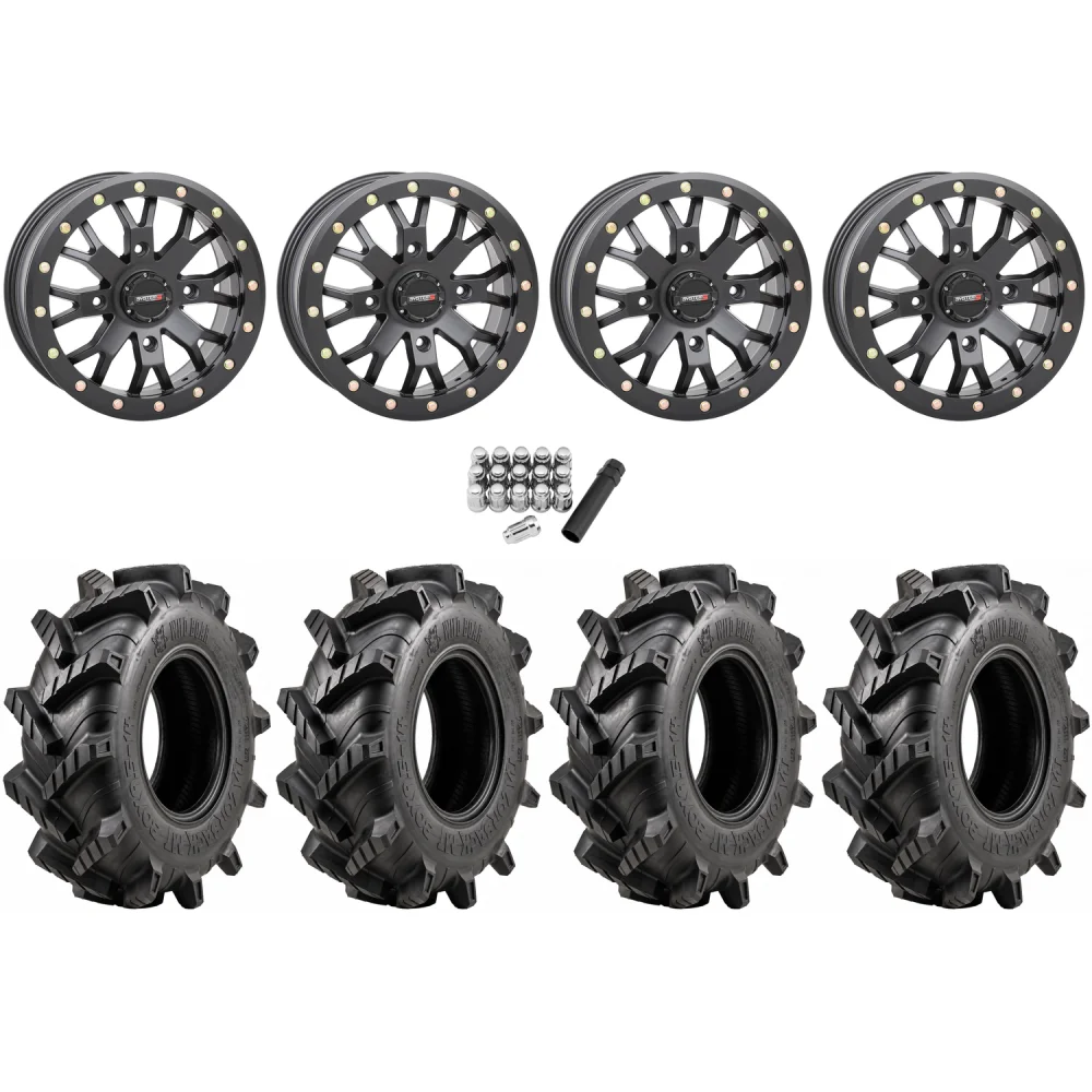 Wild Boar Razorback M/T 28x9.5-14 tires on SB-4 Matte Black Beadlock wheels, complete kit