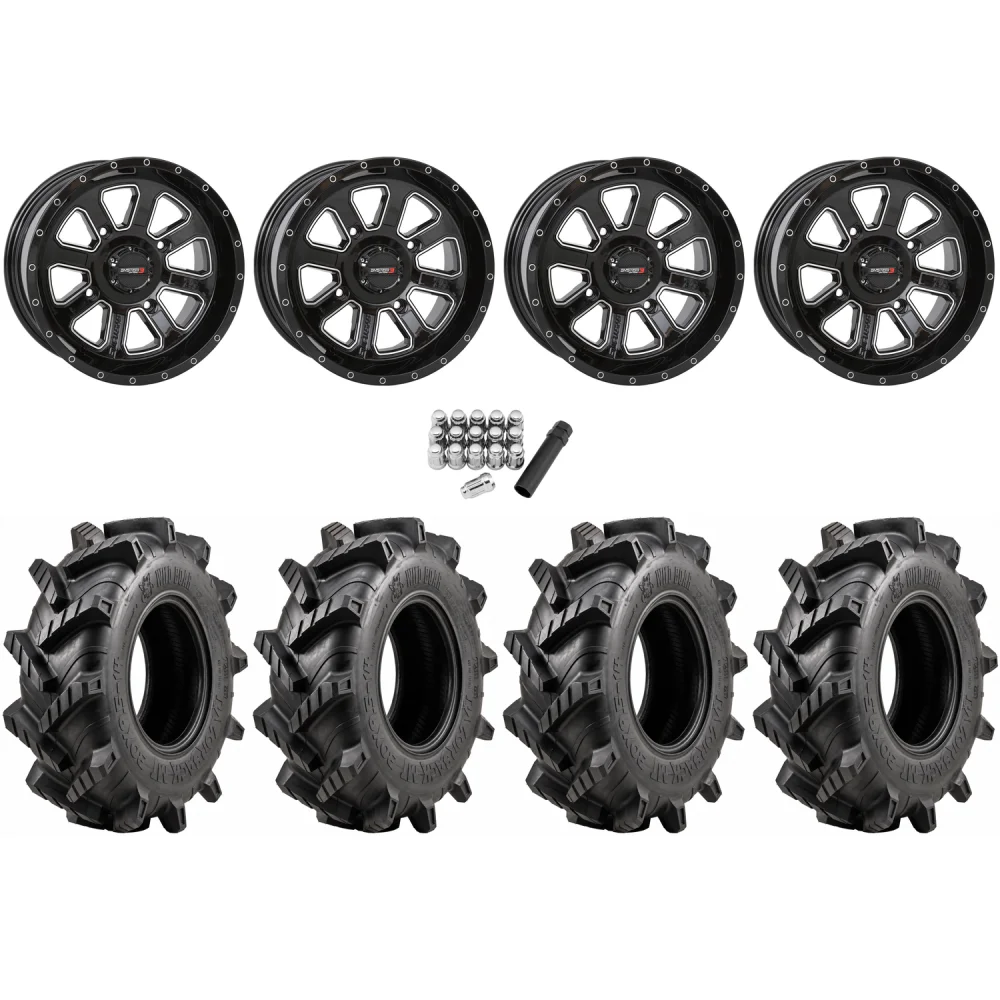 Wild Boar Razorback M/T 30x9.5-14 tires on ST-4 Gloss Black Machined wheels, complete kit