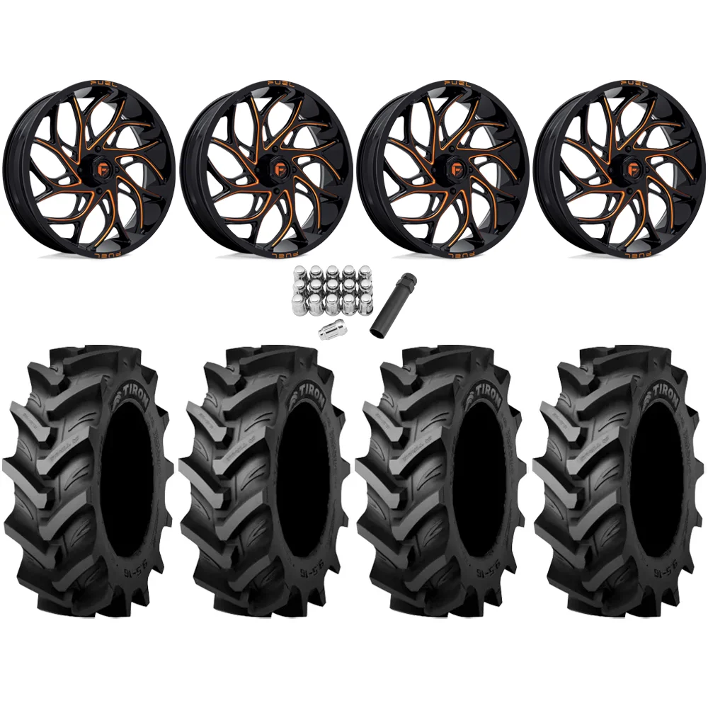 Tiron HS617 TT 44x11.2-24 Tires on Fuel Runner Candy Orange Wheels, complete kit