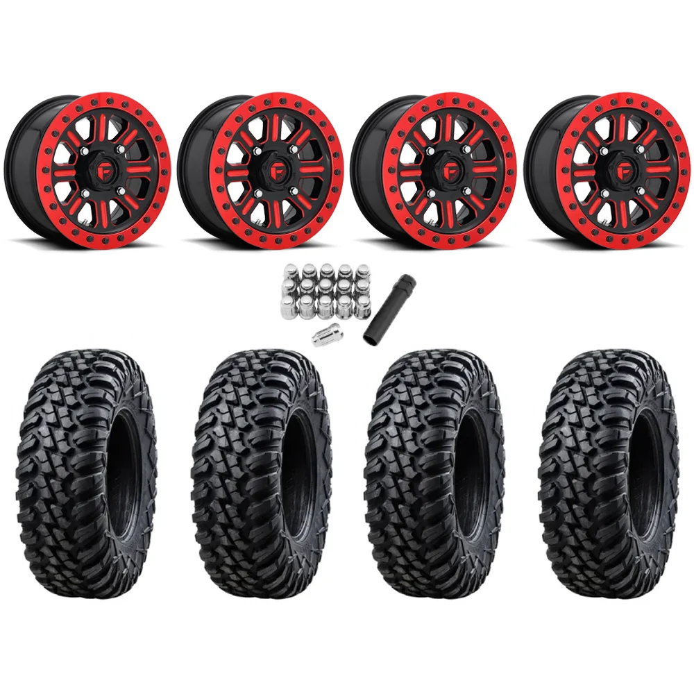 Tusk Terrabite 30x10-15 Radial Tires on Fuel Hardline Gloss Black with Candy Red Beadlock Wheels, complete kit