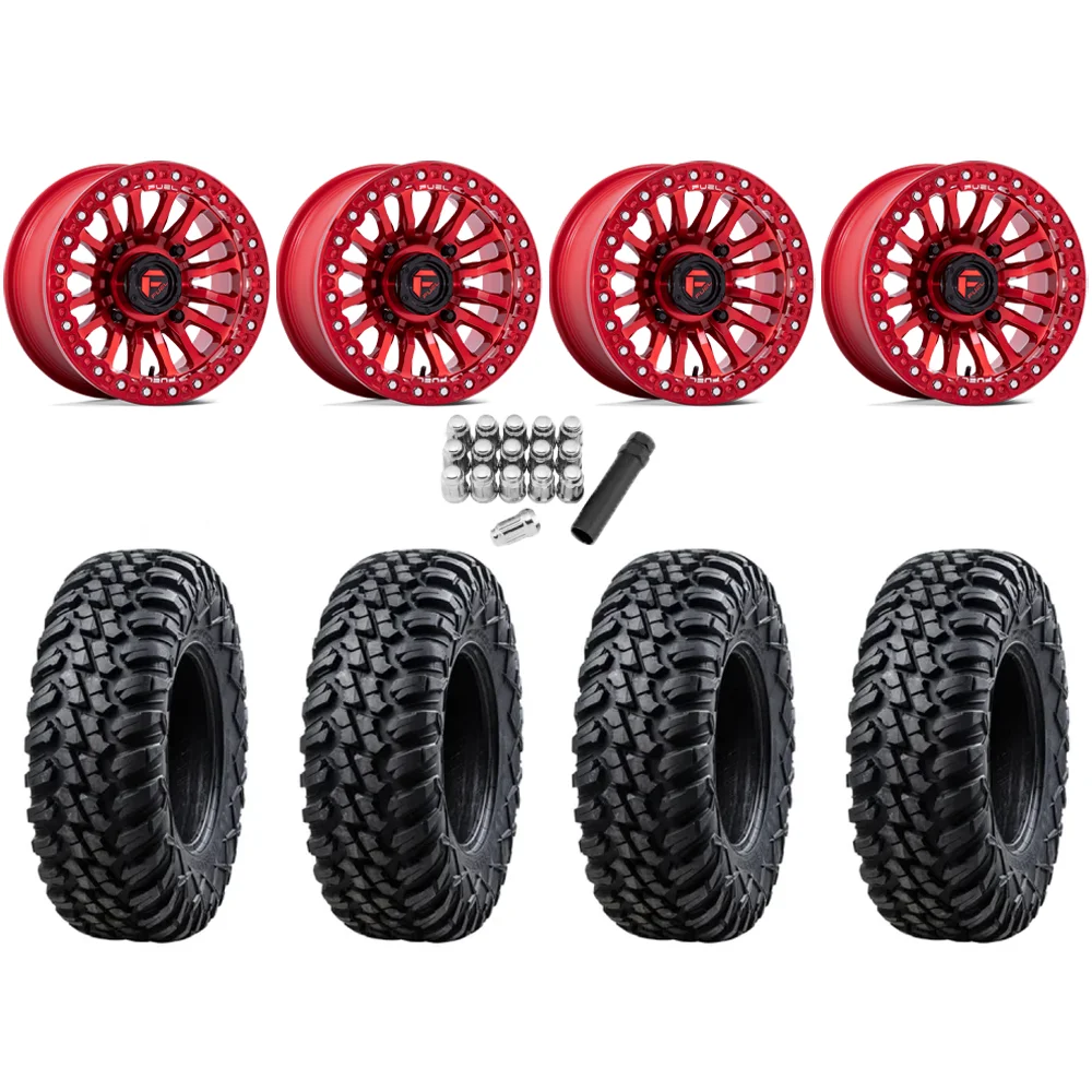 Tusk Terrabite 33x10-15 Radial Tires on Fuel Rincon Candy Red Beadlock Wheels, complete kit