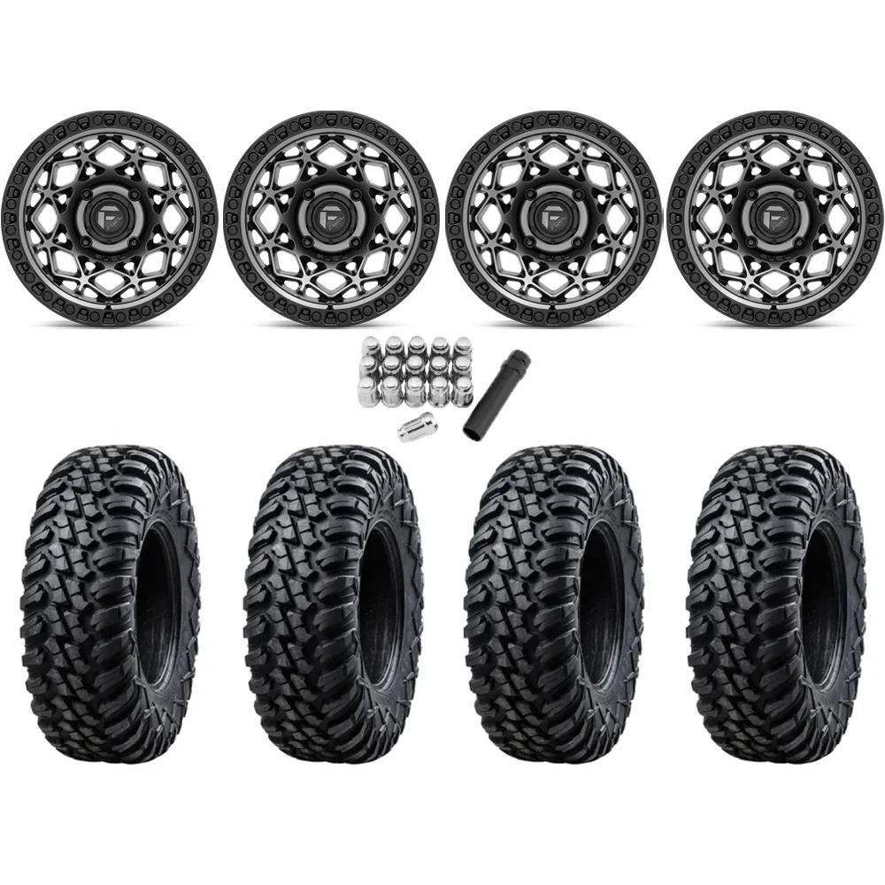 Tusk Terrabite 33x10-15 Radial Tires on Fuel Unit Matte Gunmetal Wheels, complete kit