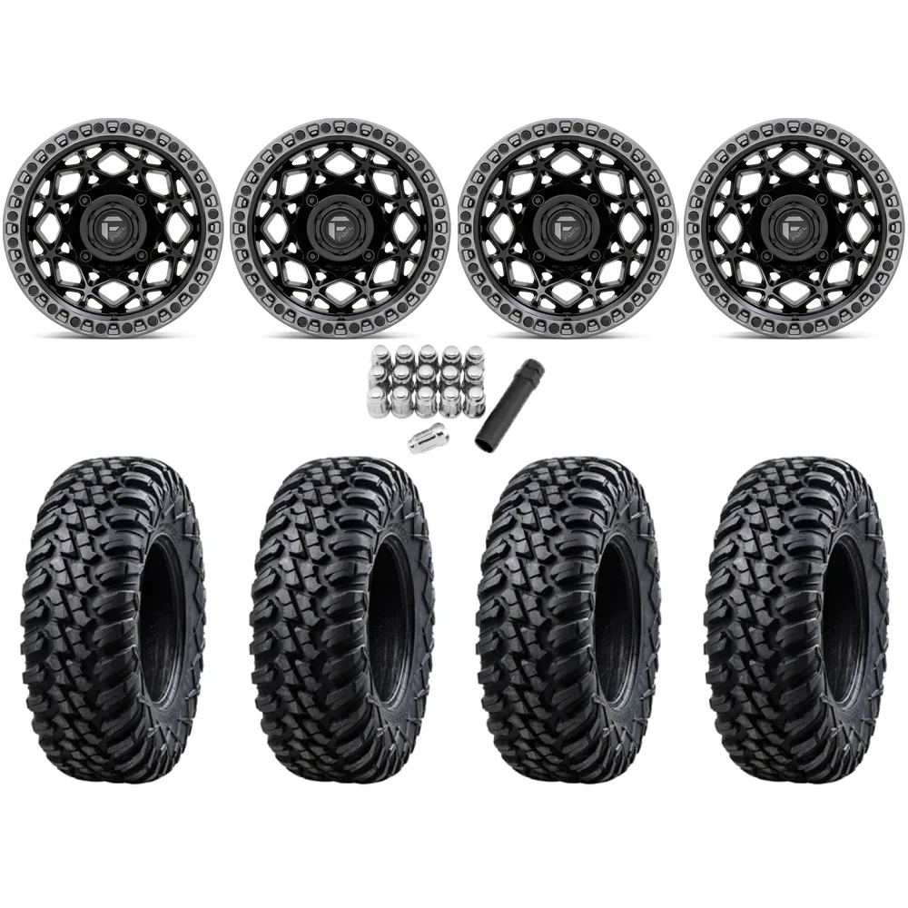 Tusk Terrabite 33x10-15 Radial Tires on Fuel Unit Matte Black Wheels, complete kit