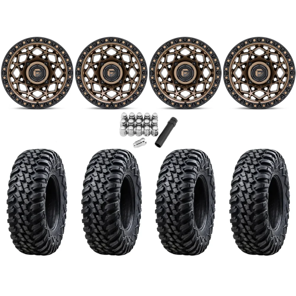 Tusk Terrabite 34x10-15 Radial Tires on Fuel Unit Matte Bronze Wheels, complete kit