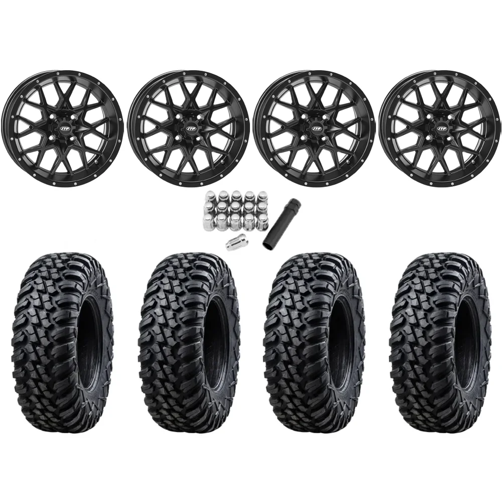 Tusk Terrabite 27x9-14 & 27x11-14 Radial Tires on ITP Hurricane Satin Black Wheels, complete kit