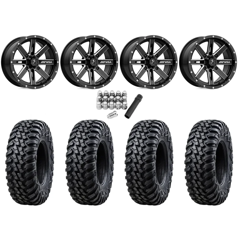 Tusk Terrabite 35x10.5-15 Radial Tires on MSA M41 Boxer Gloss Black Milled Wheels, complete kit
