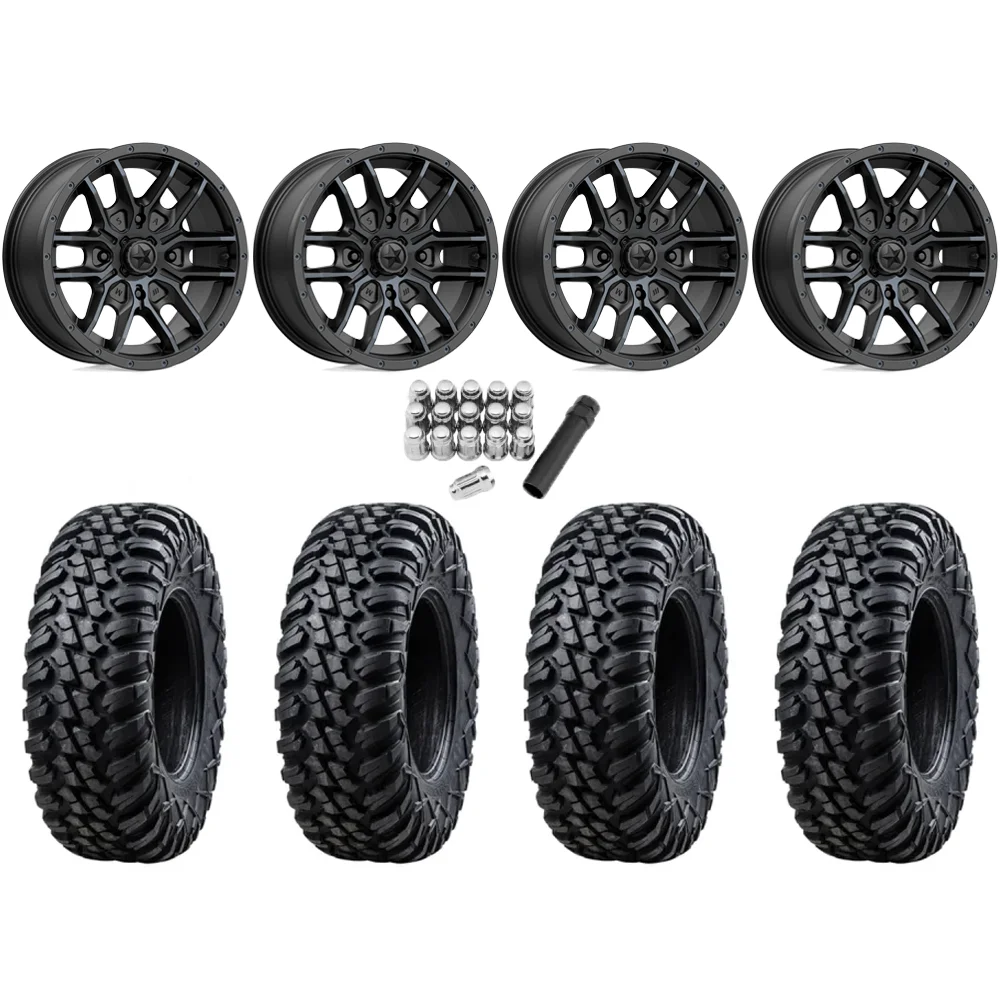 Tusk Terrabite 33x10-15 Radial Tires on MSA M43 Fang Titanium Tint Wheels, complete kit