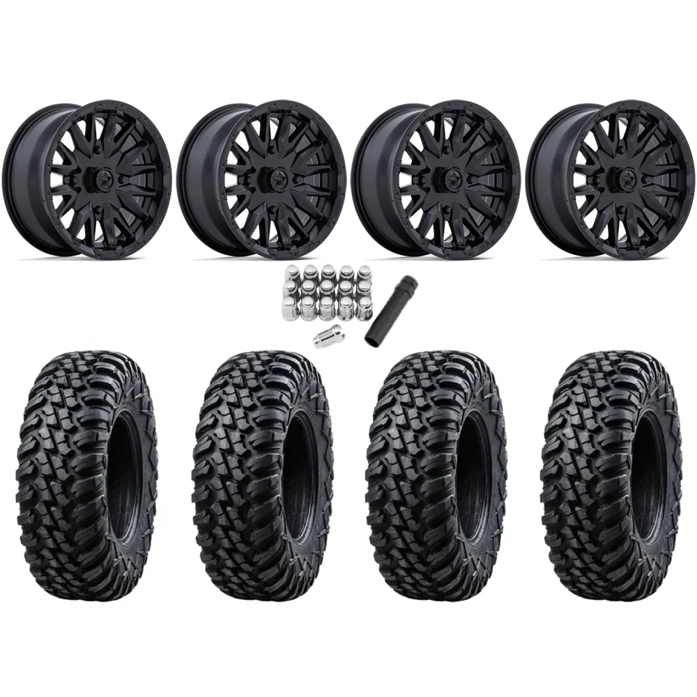 Tusk Terrabite 32x10-16 Radial Tires on MSA M49 Creed Matte Black Wheels, complete kit