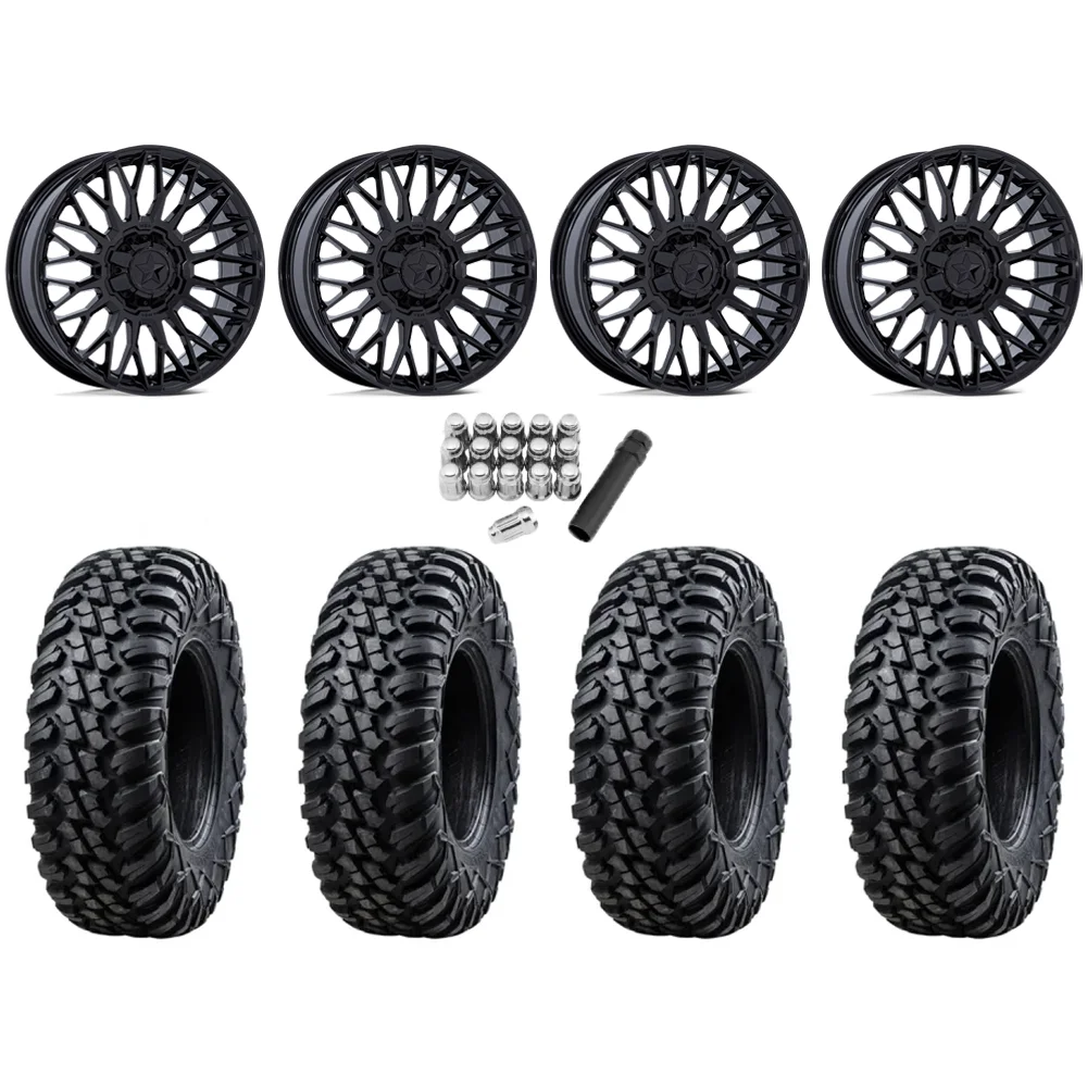 Tusk Terrabite 33x10-15 Radial Tires on MSA M50 Clubber Gloss Black Wheels, complete kit