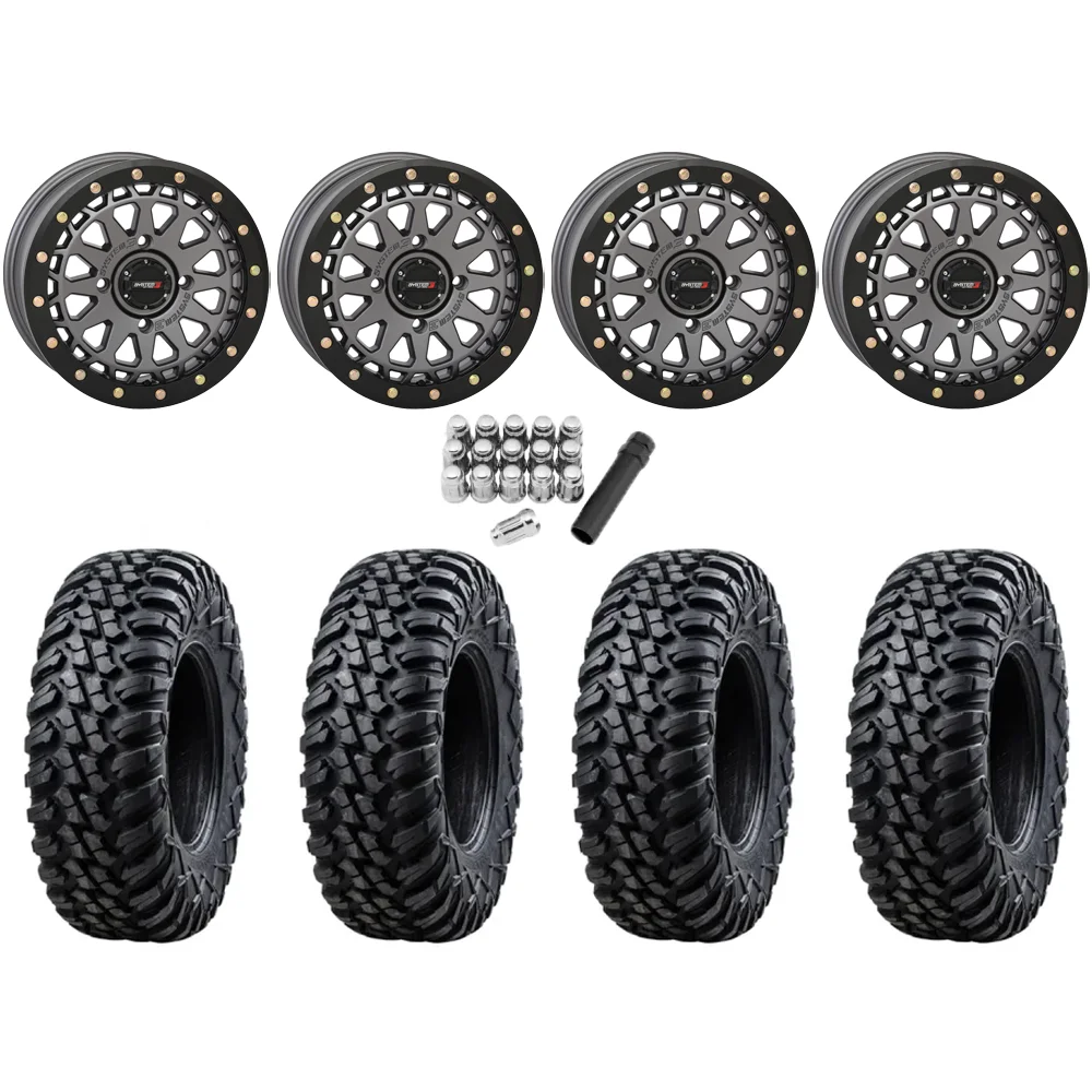 Tusk Terrabite 28x10-15 Radial Tires on SB-6 Gunmetal Grey Beadlock Wheels, complete kit