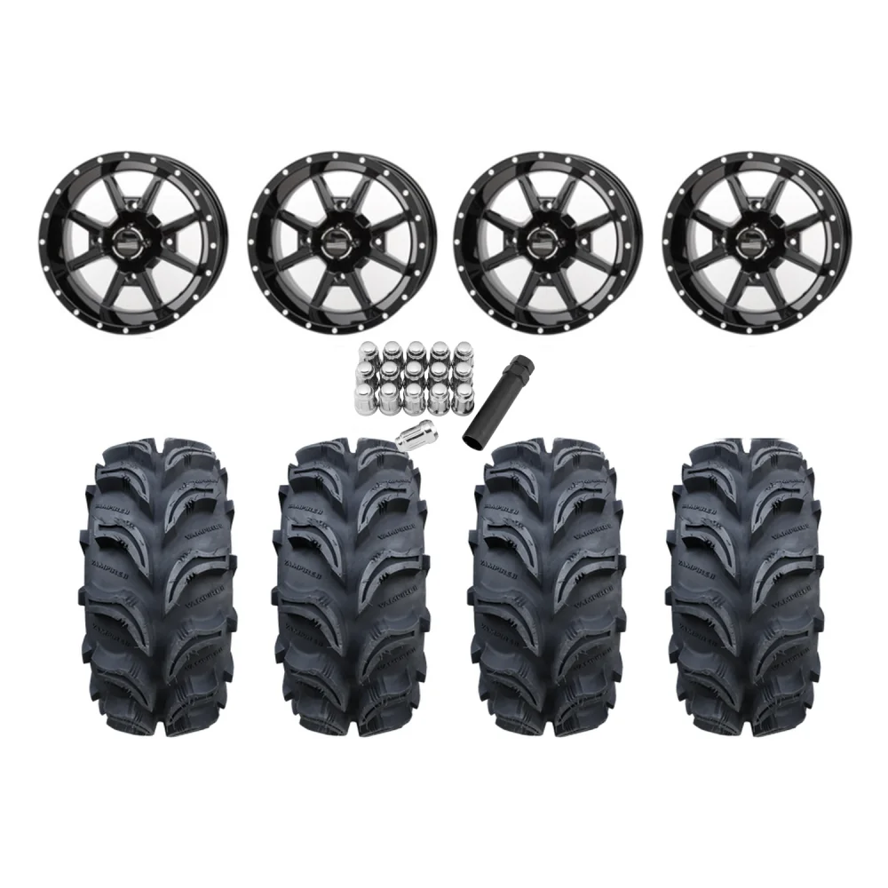 Interco Vampire 2 25x8-12 & 25x10-12 Tires on Frontline 556 Gloss Black Wheels, complete kit