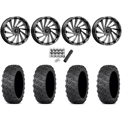 ITP Versa Cross V3 Tires 28x10-18 on MSA M46 Blade Gloss Black Milled Wheels