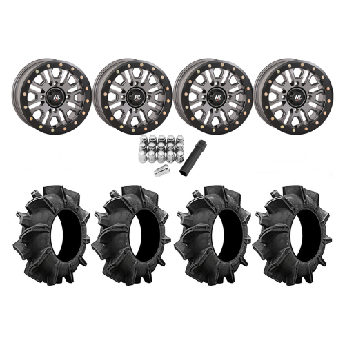 Assassinator Mud Tires 29.5x8-14 on HL23 Gunmetal Grey Beadlock Wheels