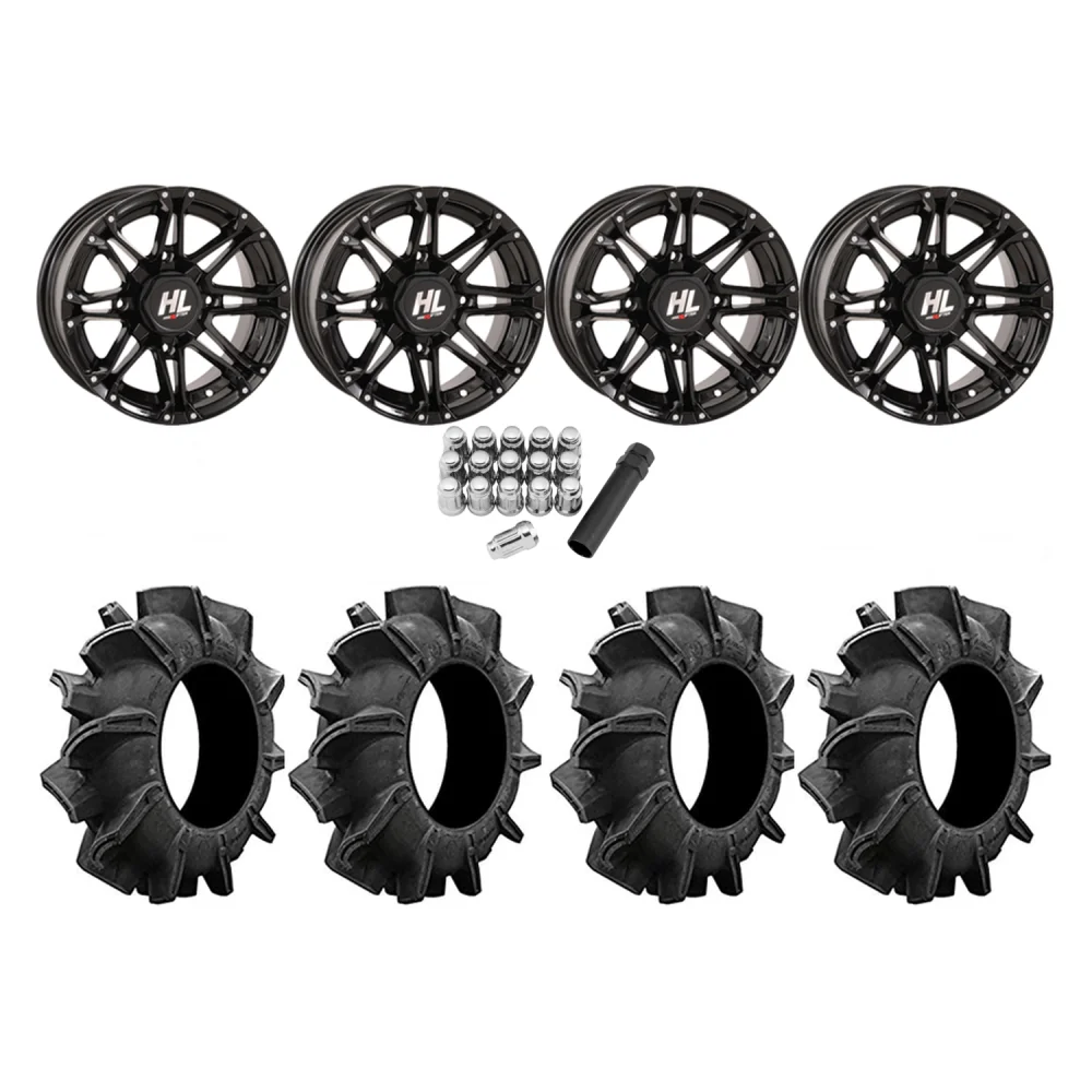 Assassinator Mud Tires 34x8-14 on HL3 Gloss Black Wheels, complete kit