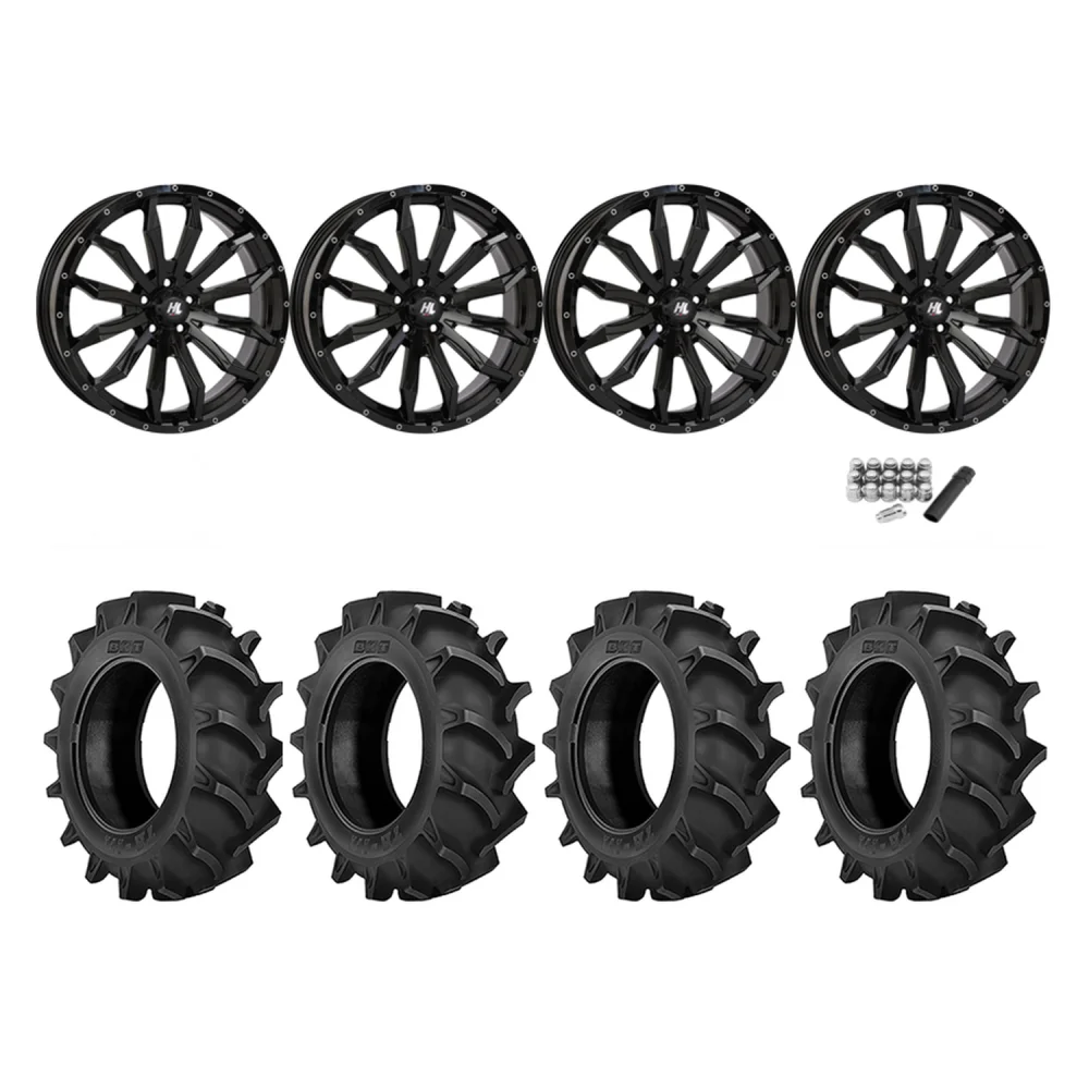 BKT TR 171 40x8.3-24 Tires on HL21 Gloss Black Wheels, complete kit