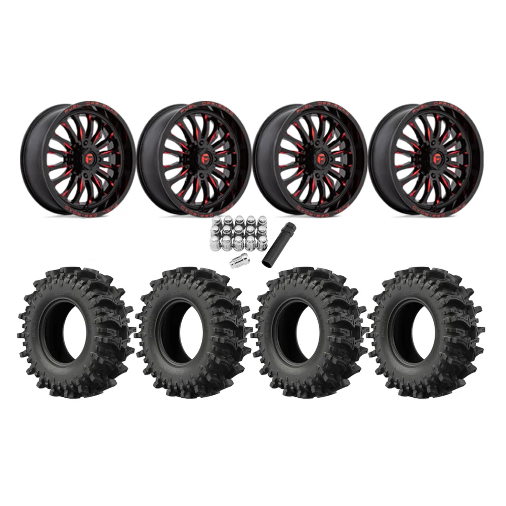 EFX MotoSlayer 40x10.5-24 Tires on Fuel Arc Gloss Black Milled Red Wheels, complete kit