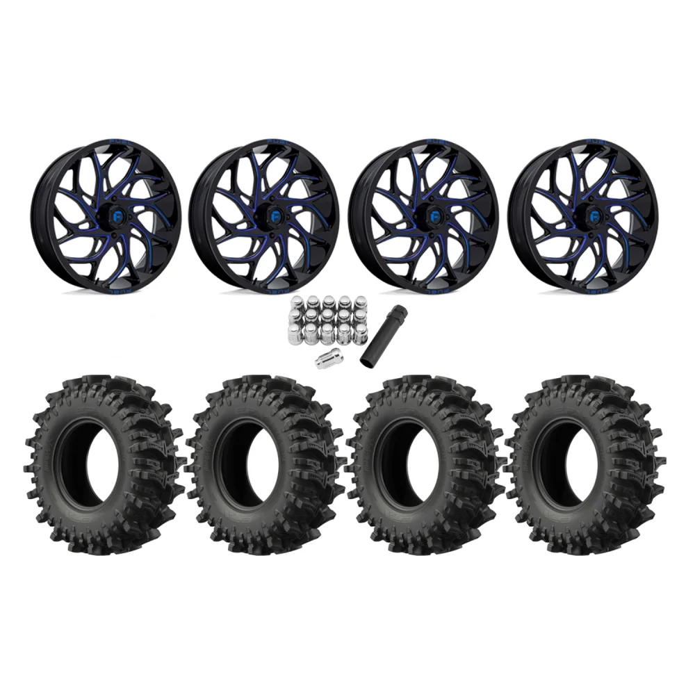 EFX MotoSlayer 32x9.5-18 Tires on Fuel Runner Candy Blue Wheels, complete kit