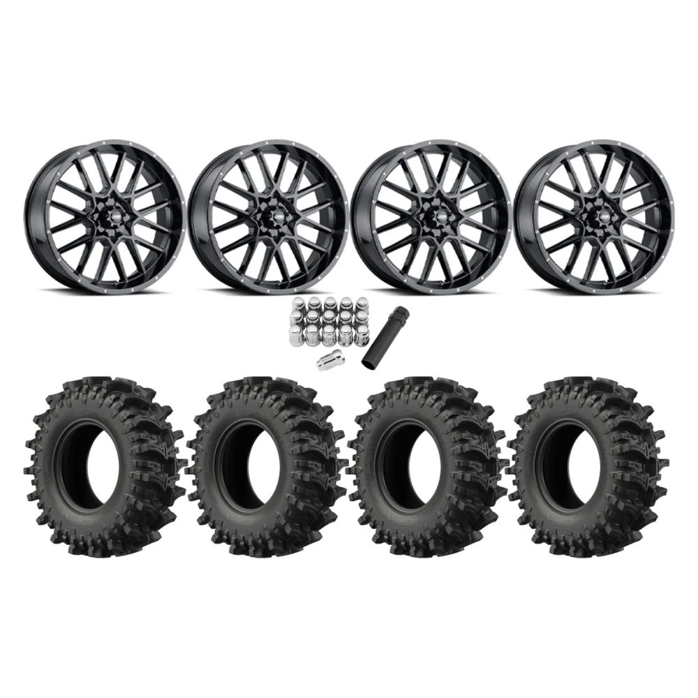 EFX MotoSlayer 32x9.5-18 Tires on ITP Hurricane Gloss Black Wheels, complete kit