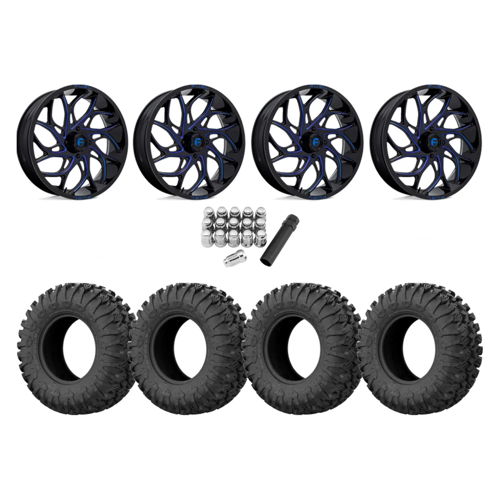 EFX Motoclaw 33x10-18 Tires on Fuel Runner Candy Blue Wheels, complete kit
