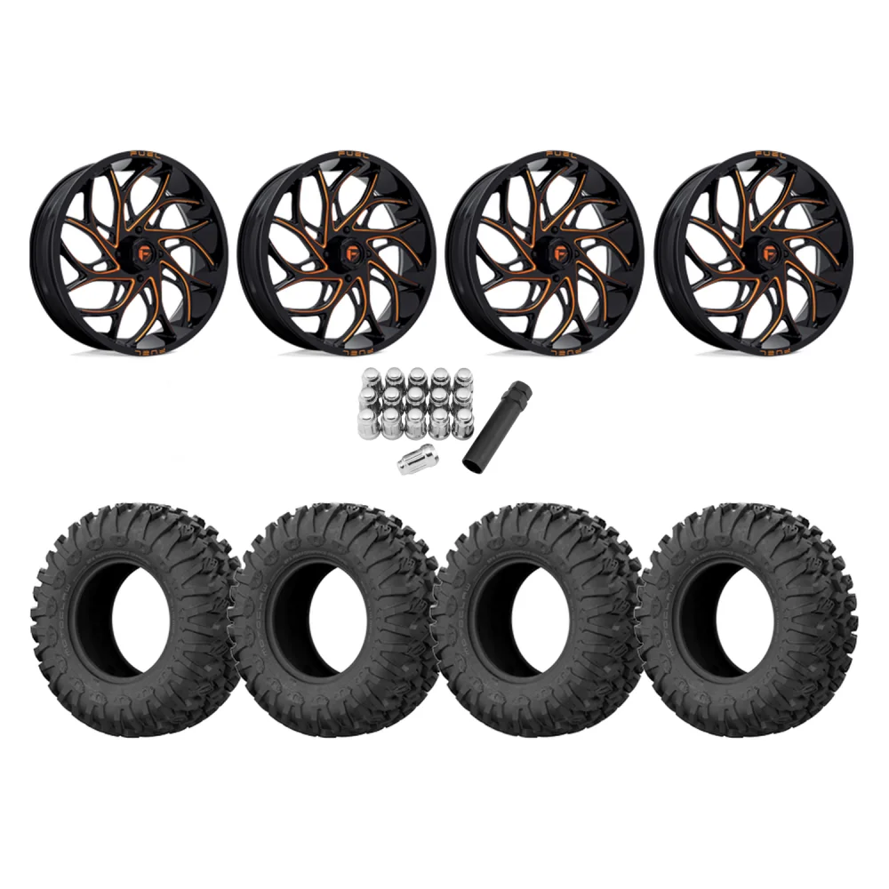 EFX Motoclaw 33x10-20 Tires on Fuel Runner Candy Orange Wheels, complete kit