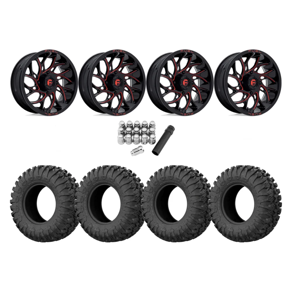 EFX Motoclaw 33x10-18 Tires on Fuel Runner Candy Red Wheels, complete kit
