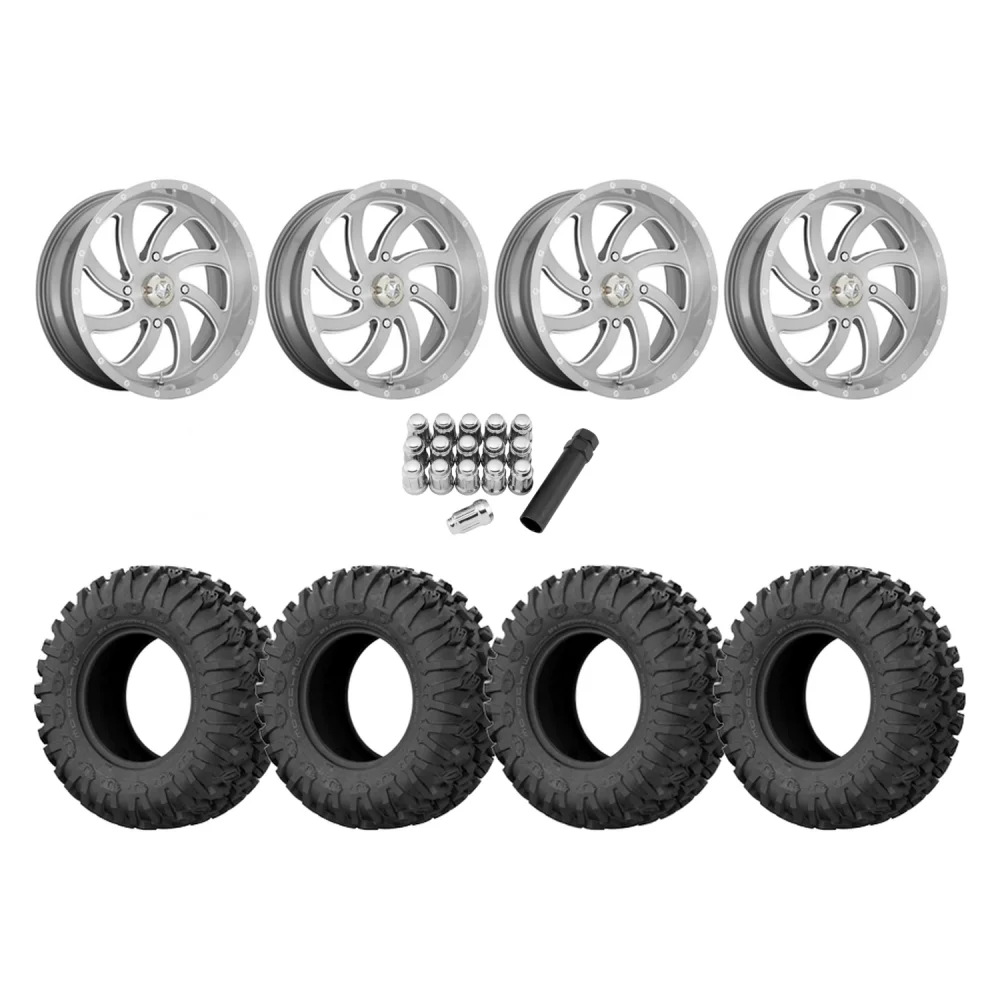 EFX Motoclaw 33x10-18 Tires on MSA M36 Switch Brushed Titanium Wheels, complete kit