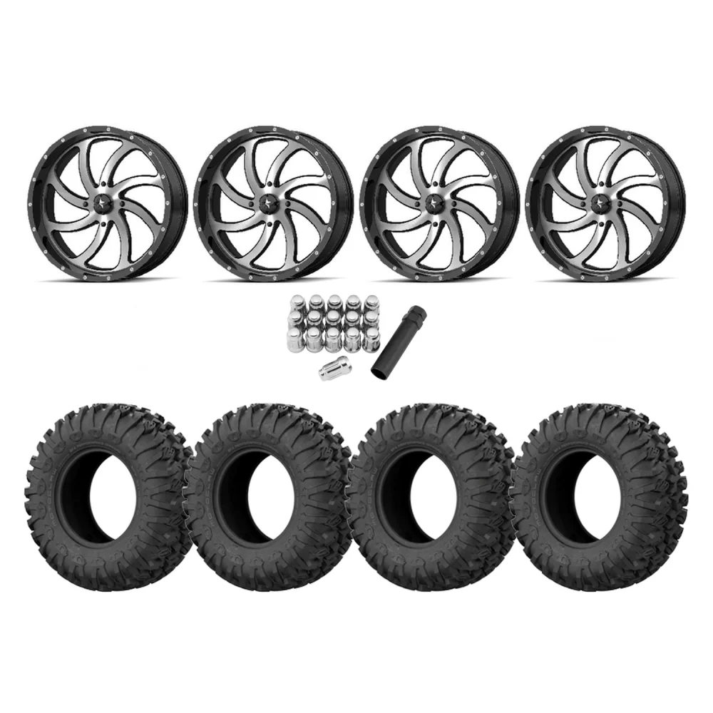 EFX Motoclaw 33x10-18 Tires on MSA M36 Switch Machined Wheels, complete kit