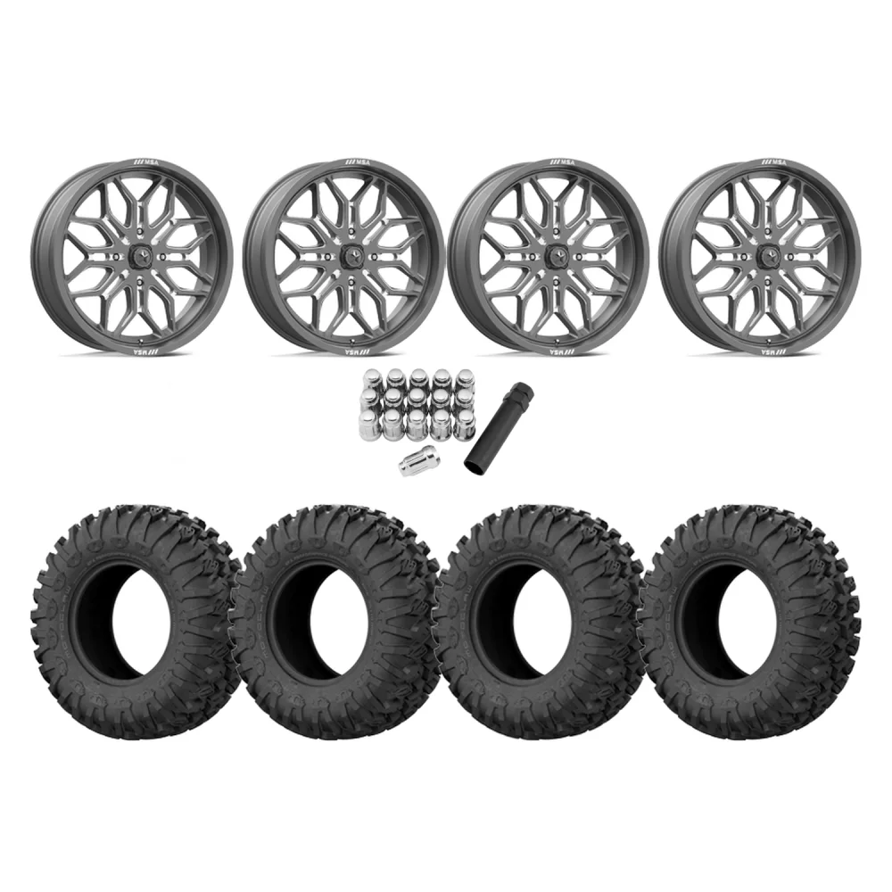 EFX Motoclaw 33x10-18 Tires on MSA M47 Sniper Gunmetal Milled Wheels, complete kit
