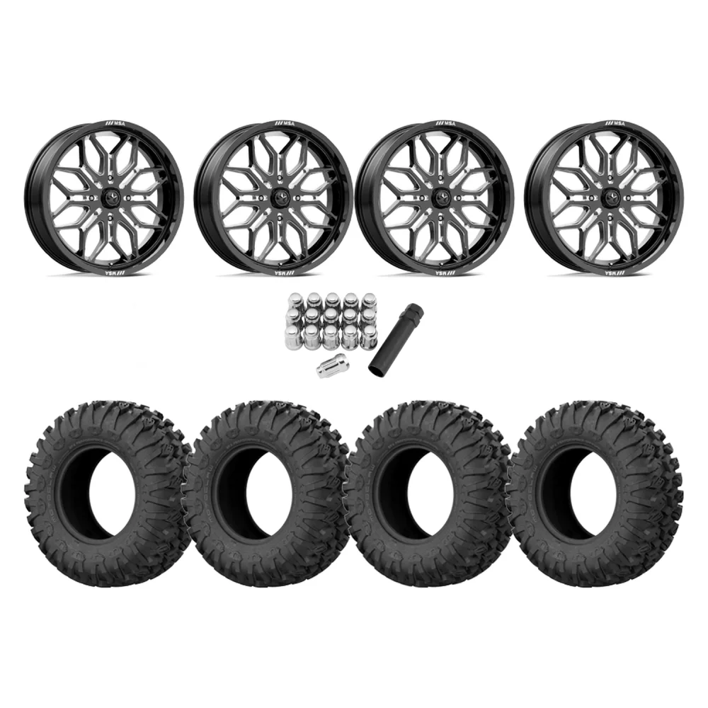 EFX Motoclaw 33x10-20 Tires on MSA M47 Sniper Gloss Black Milled Wheels, complete kit