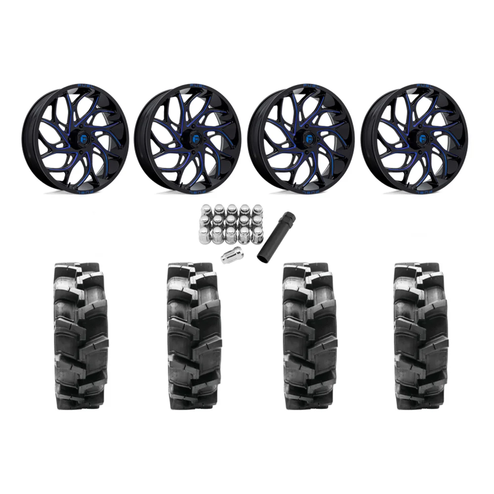Quadboss QBT680 38x9.5-20 Tires on Fuel Runner Candy Blue Wheels, complete kit