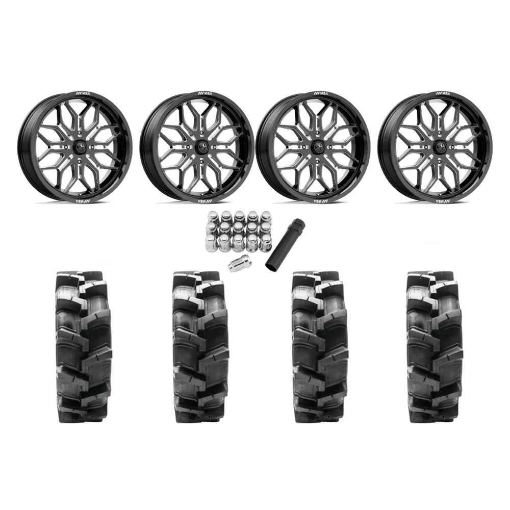 Quadboss QBT680 38x9.5-20 Tires on MSA M47 Sniper Gloss Black Milled Wheels, complete kit