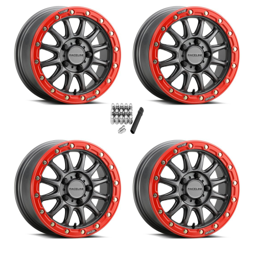 Raceline A14 Alpha Gunmetal with Red Ring 15x7 Beadlock Wheels/Rims (Full Set)