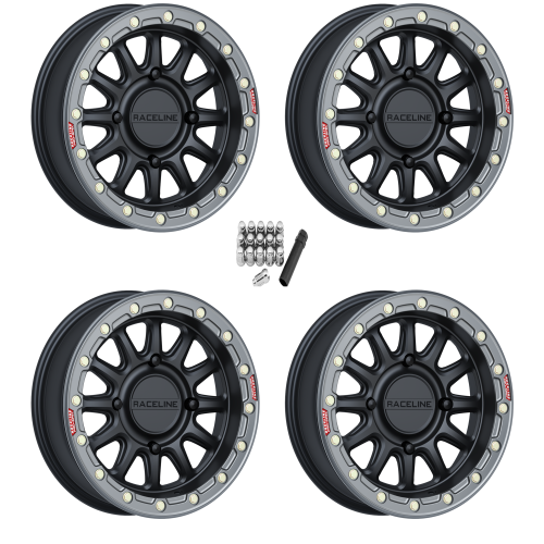 Raceline A14 Alpha Satin Black with Gunmetal Ring 15x7 Beadlock Wheels/Rims (Full Set)