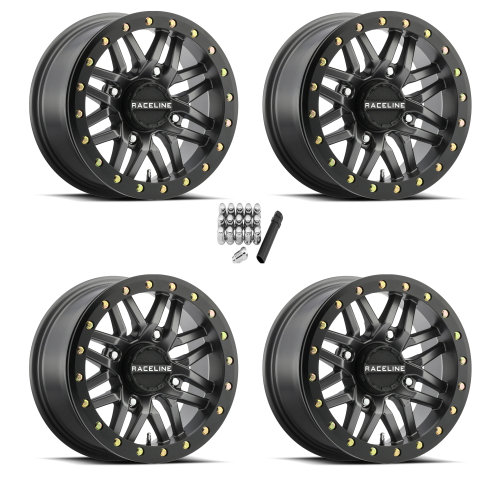 Raceline A91 Ryno Gunmetal with Black Ring 14x7 Beadlock Wheels Rims (Full Set)