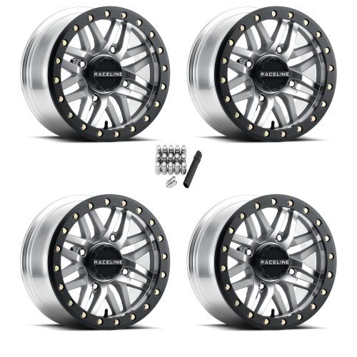 Raceline A91 Ryno Machined with Black Ring 15x7 Beadlock Wheels/Rims (Full Set)