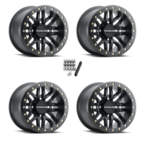 Raceline A91 Ryno Satin Black with Black Ring 15x7 Beadlock Wheels/Rims (Full Set)