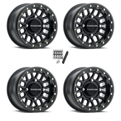Raceline A93 Podium Satin Black with Black Ring 14x7 Beadlock Wheels/Rims (Full Set)