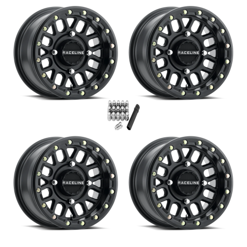 Raceline A93 Podium Satin Black with Black Ring 15x7 Beadlock Wheels/Rims (Full Set)