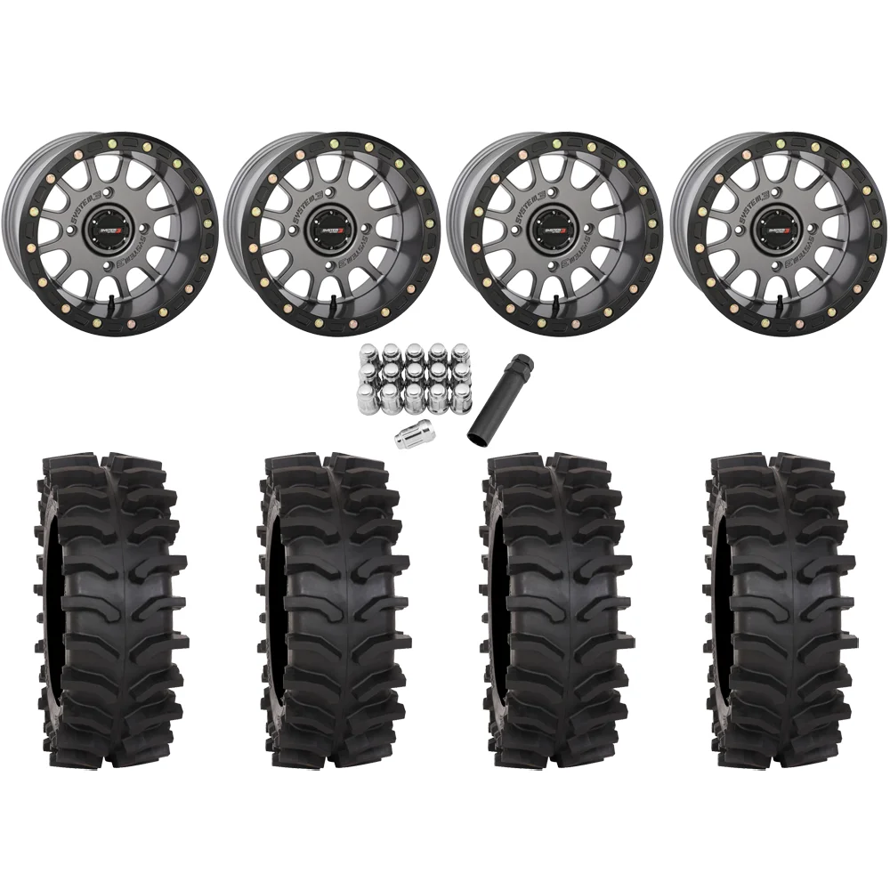 System 3 XT400W 33x12-15 Tires on SB-5 Matte Gunmetal (15x10) Beadlock Wheels, complete kit